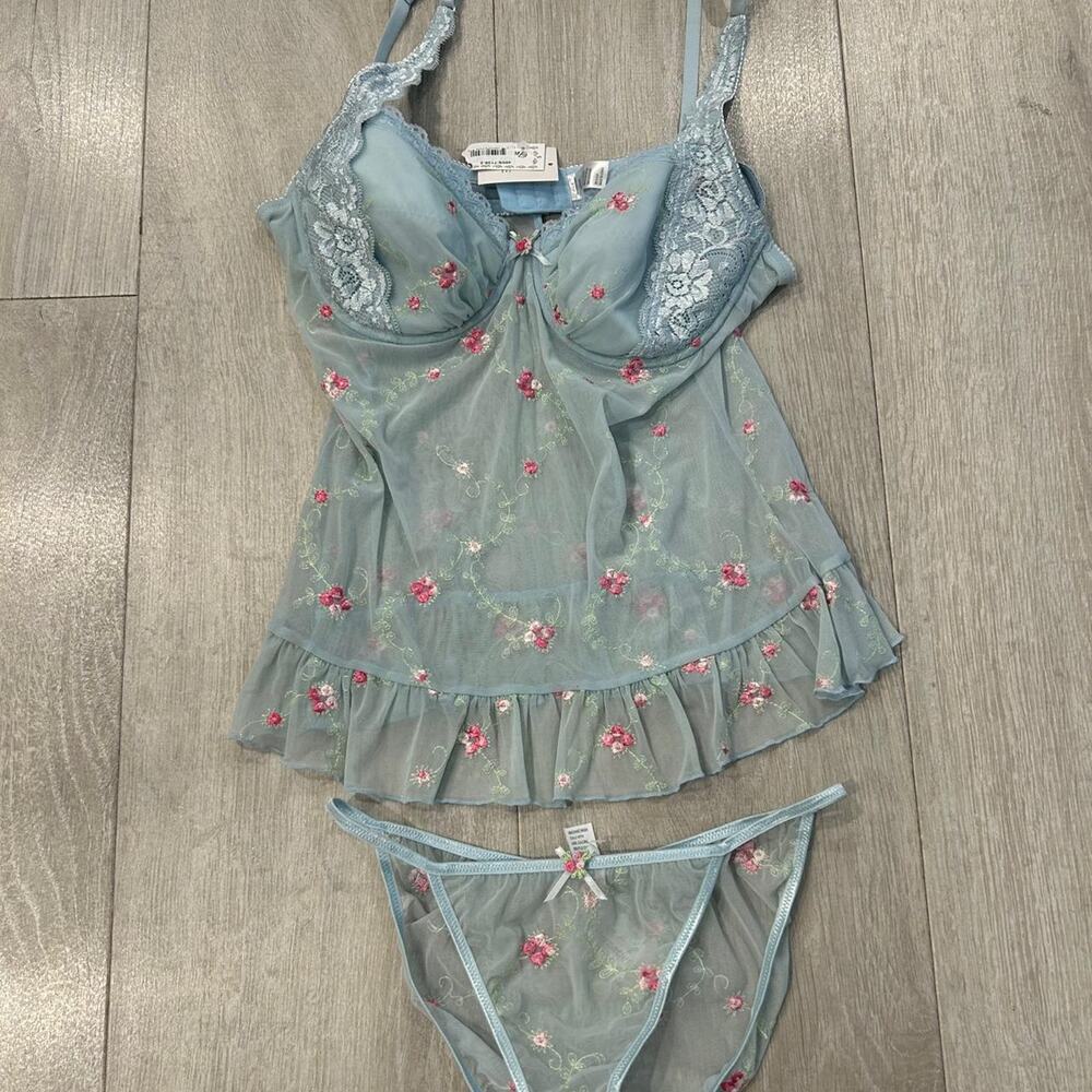 Act International baby blue sheer lingerie set. Size large